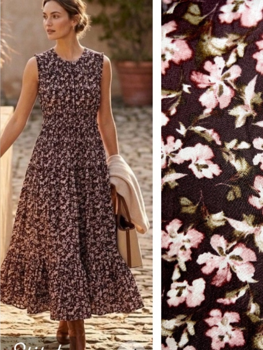 Caroline Constas Floral Maxi Tiered Smocked cotton sleeveless dress brown boho